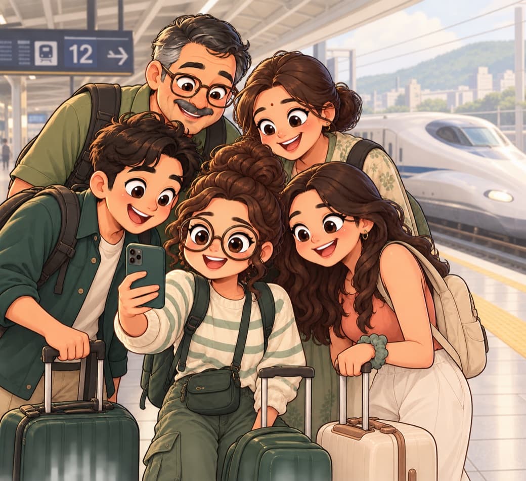The group at a train platform, looking at one phone